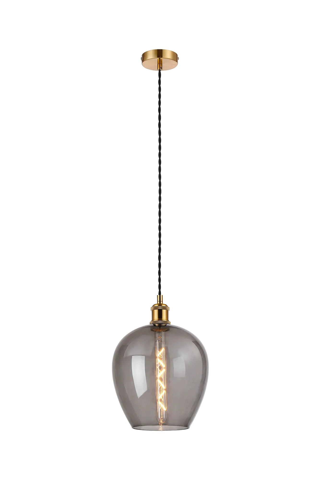 Cawdor Single Pendant, 1 Light E27, Gilt Bronze/Black/Smoke Wine Glass DK1110  Deco Cawdor